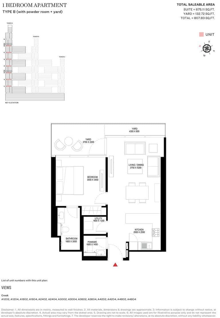 Sobha One Tower A - 1 Bedroom Type B Floor Plan - Binayah Properties