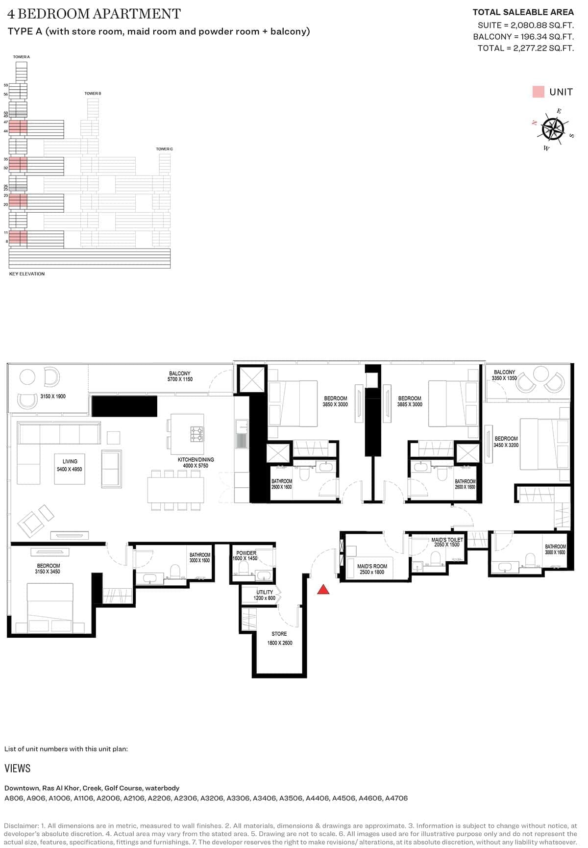 Sobha One Tower A - 4 Bedroom Type A Floor Plan - Binayah