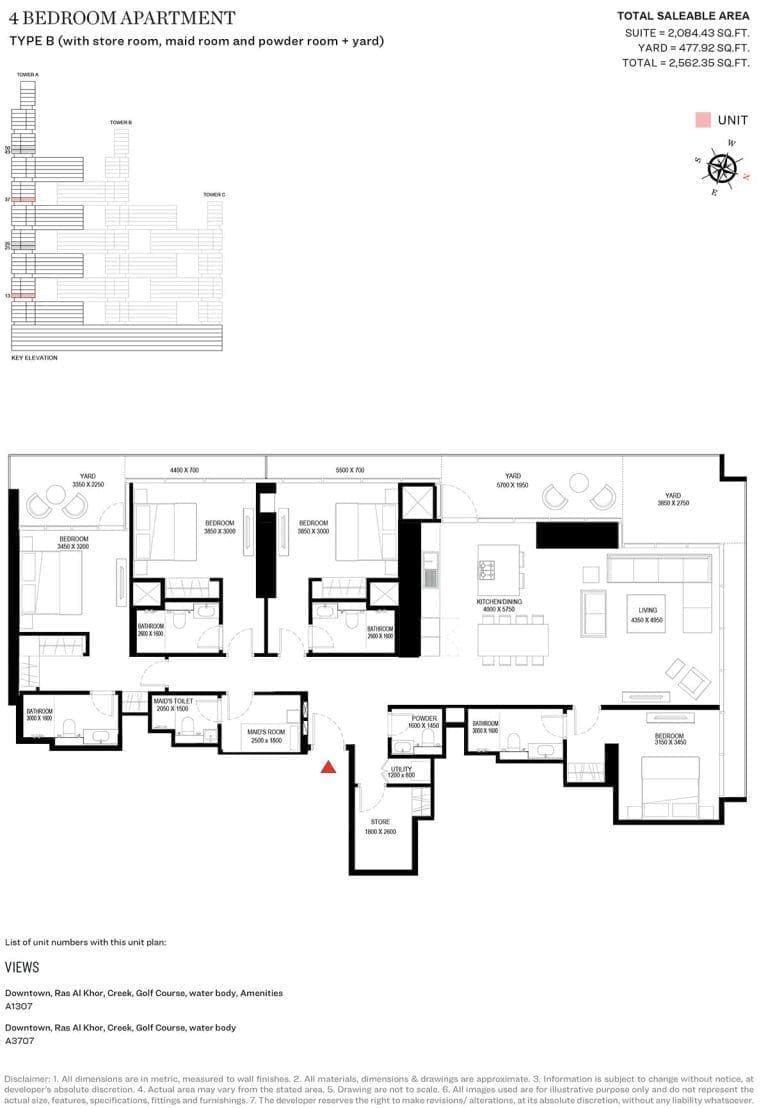 Sobha One Tower A - 4 Bedroom Type B Floor Plan - Binayah Properties